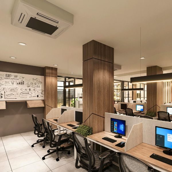 Ceiling-mounted air conditioning unit installed in an office, providing efficient cooling and maintaining a comfortable indoor working environment.